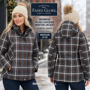 Faded Glory Womens Plaid Hooded Winter Jacket Brown Blue Fleece Lined FL09028Y M